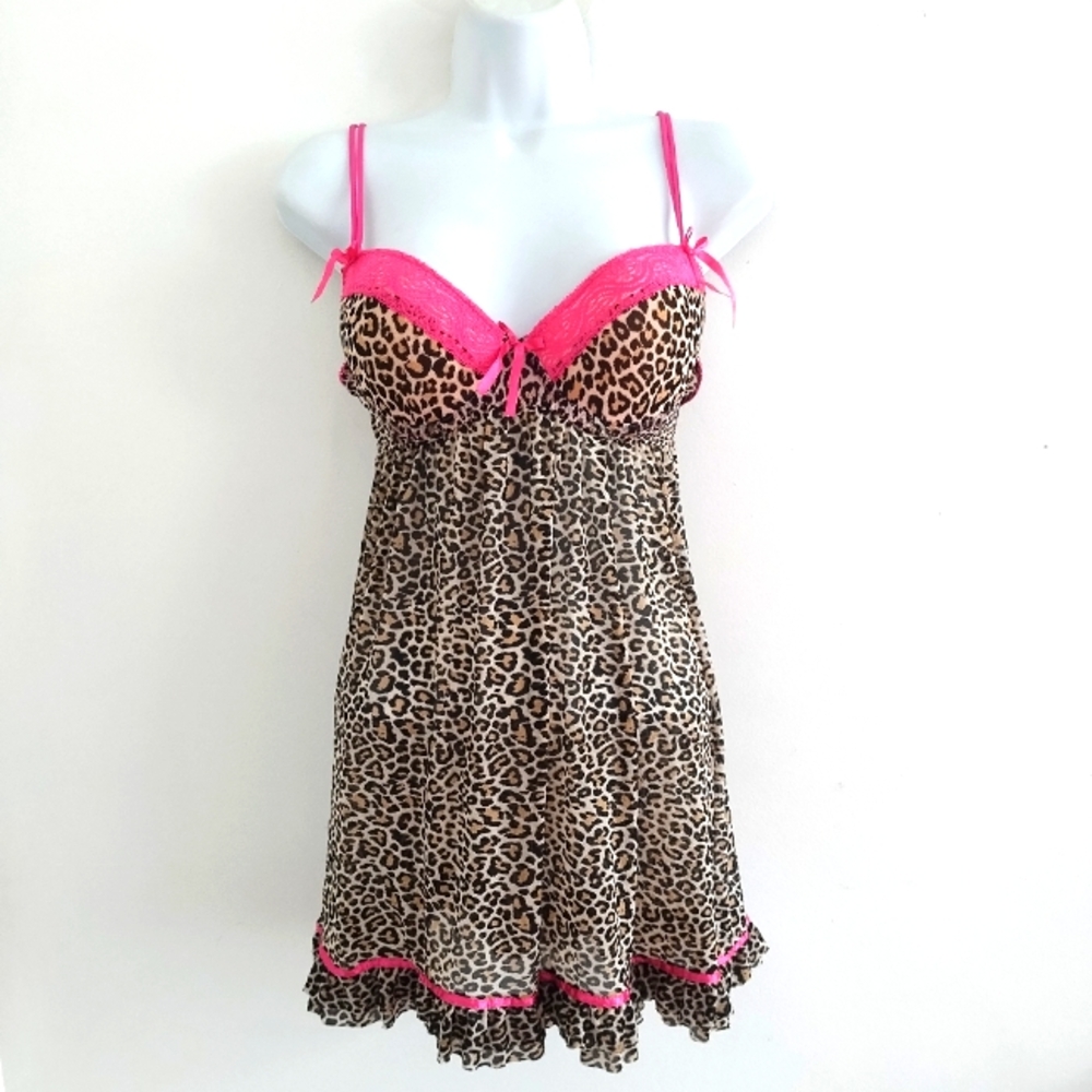 Rene Rofe Leopard Print Hot Pink Lace Mesh Slip Dress